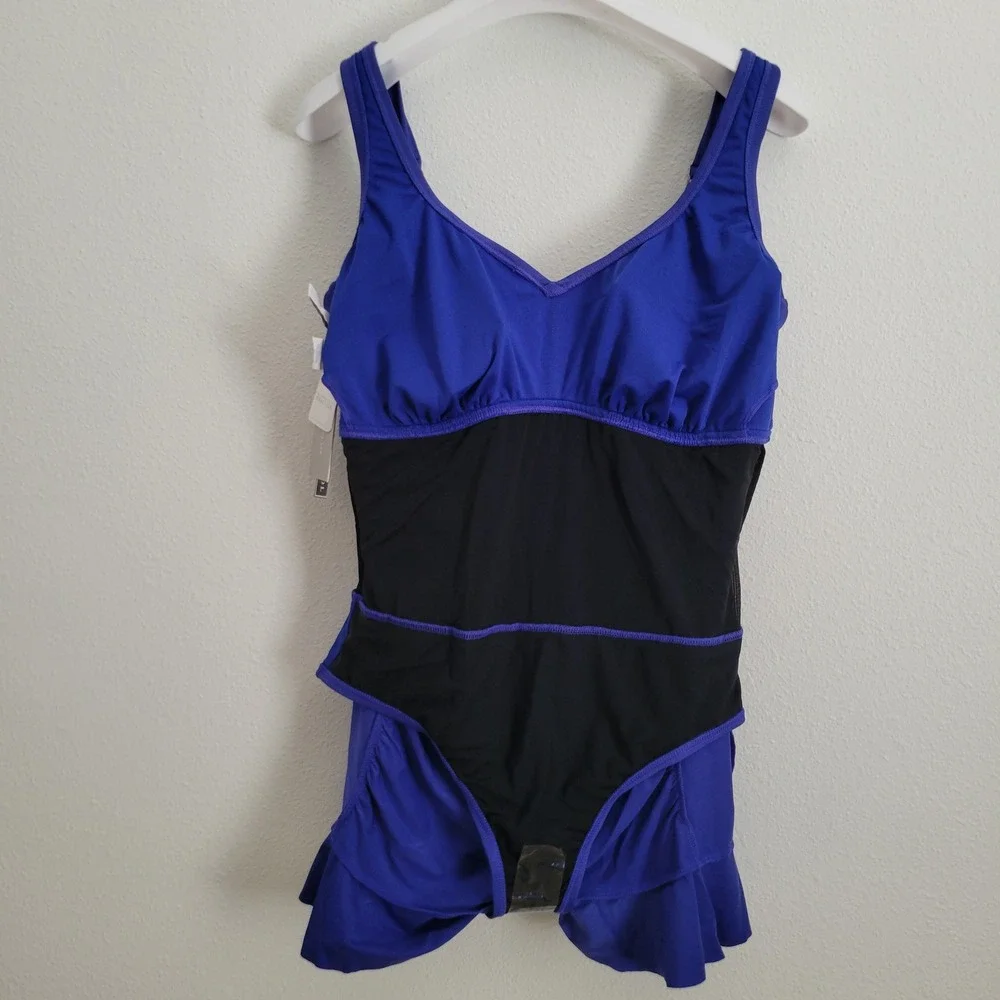 Kenneth Cole Reaction Purple Tummy Control Ruffle Swimdress One Piece 1X NWT